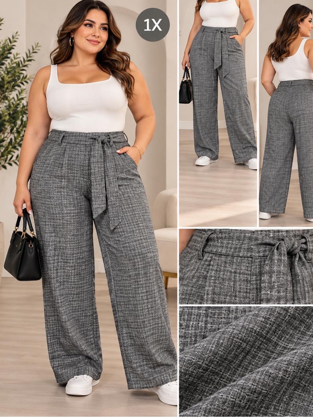New York & Company Gray Plaid Wide-Leg Pants with Tie Waist